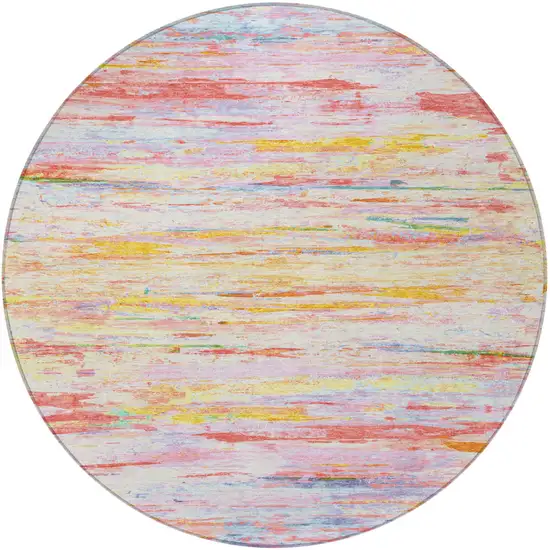 8' Coral And Yellow Round Abstract Washable Indoor Outdoor Area Rug Photo 3