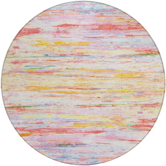 8' Coral And Yellow Round Abstract Washable Indoor Outdoor Area Rug Photo 1