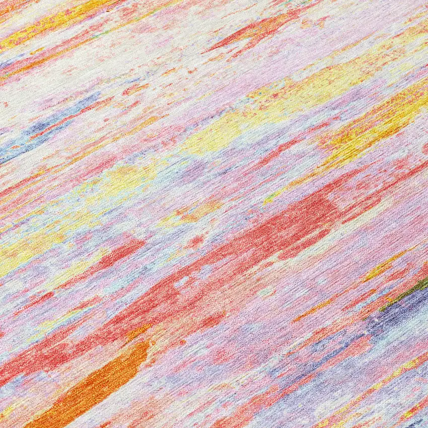 8' Coral And Yellow Round Abstract Washable Indoor Outdoor Area Rug Photo 8