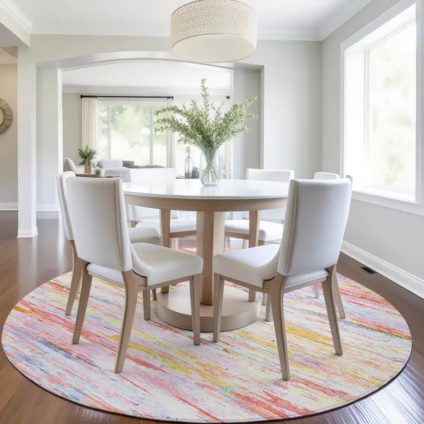 8' Coral And Yellow Round Abstract Washable Indoor Outdoor Area Rug Photo 6