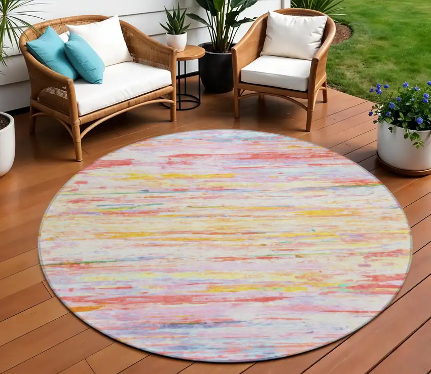 8' Coral And Yellow Round Abstract Washable Indoor Outdoor Area Rug Photo 2