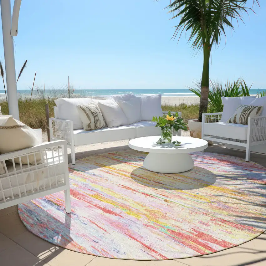 8' Coral And Yellow Round Abstract Washable Indoor Outdoor Area Rug Photo 5