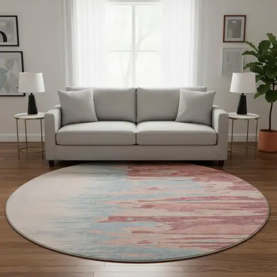 8' Coral Beige And Gray Abstract Washable Round Rug With UV Protection Photo 2