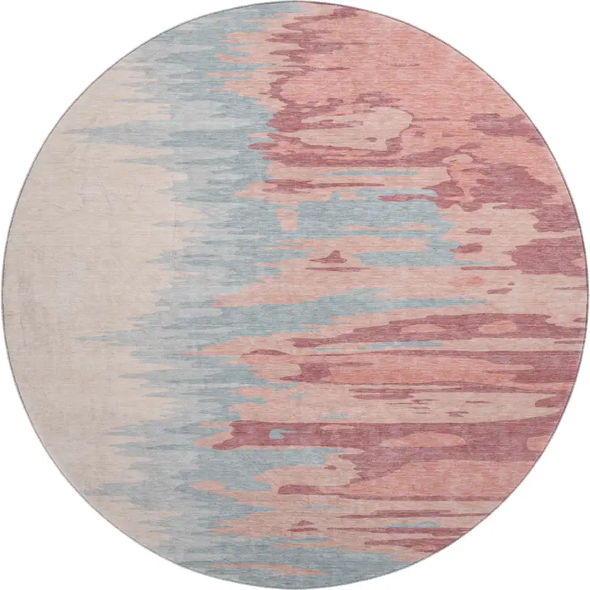 8' Coral Beige And Gray Abstract Washable Round Rug With UV Protection Photo 1