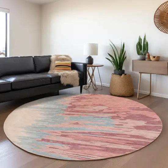 8' Coral Beige And Gray Abstract Washable Round Rug With UV Protection Photo 4
