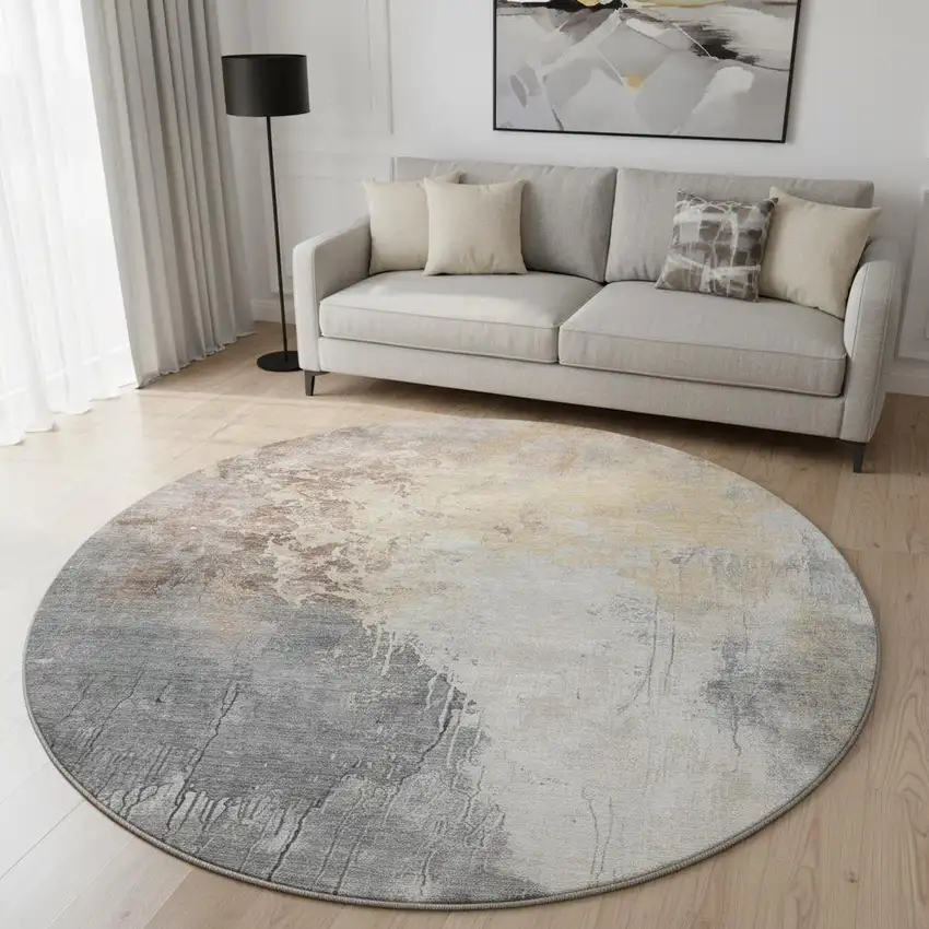 8' Coral Beige And Ivory Abstract Washable Round Rug With UV Protection Photo 2