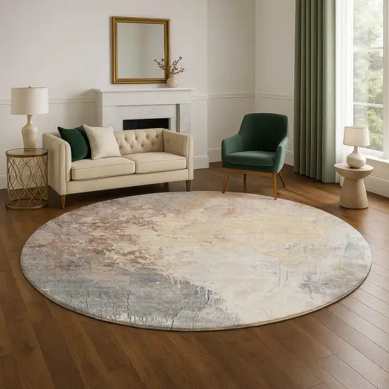 8' Coral Beige And Ivory Abstract Washable Round Rug With UV Protection Photo 4