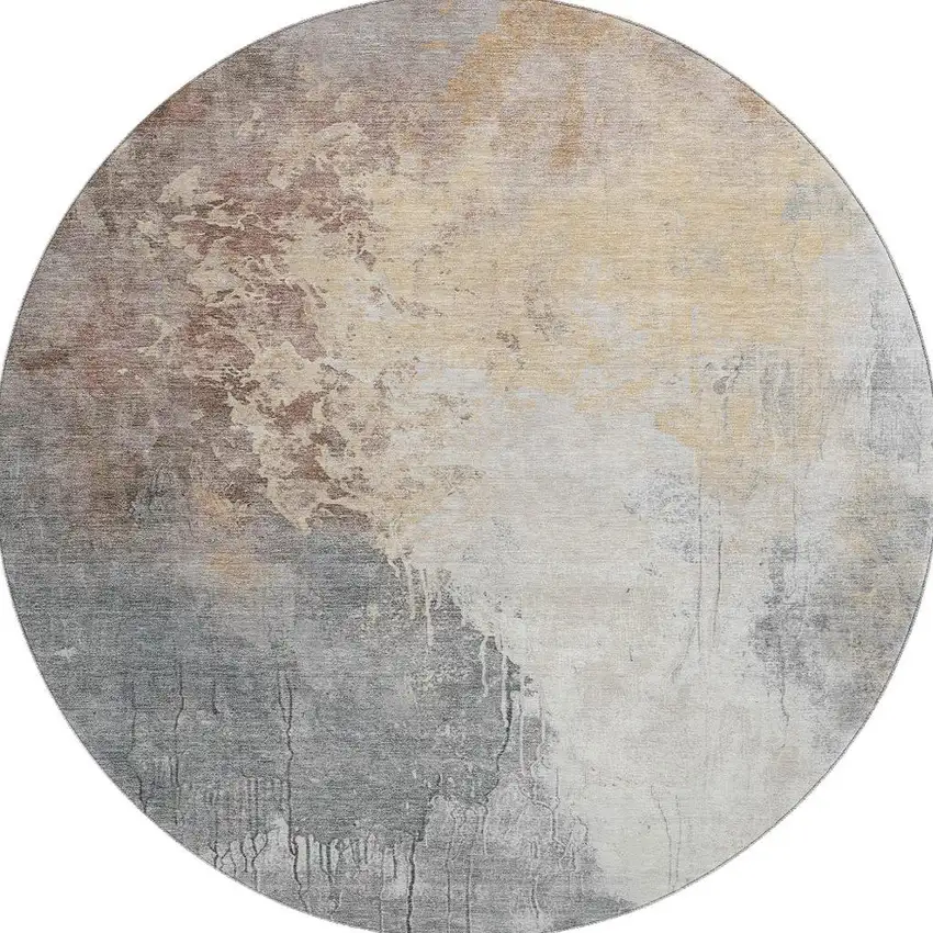 8' Coral Beige And Ivory Abstract Washable Round Rug With UV Protection Photo 3