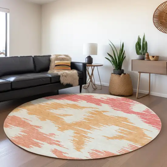 8' Coral Beige And Orange Round Abstract Washable Indoor Outdoor Area Rug Photo 9