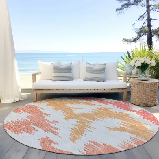 8' Coral Beige And Orange Round Abstract Washable Indoor Outdoor Area Rug Photo 8