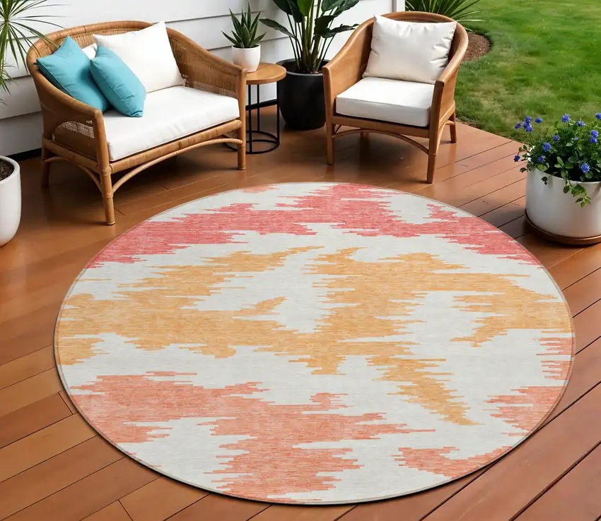 8' Coral Beige And Orange Round Abstract Washable Indoor Outdoor Area Rug Photo 1