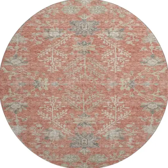 8' Coral Beige And Taupe Floral Washable Round Rug With UV Protection Photo 3