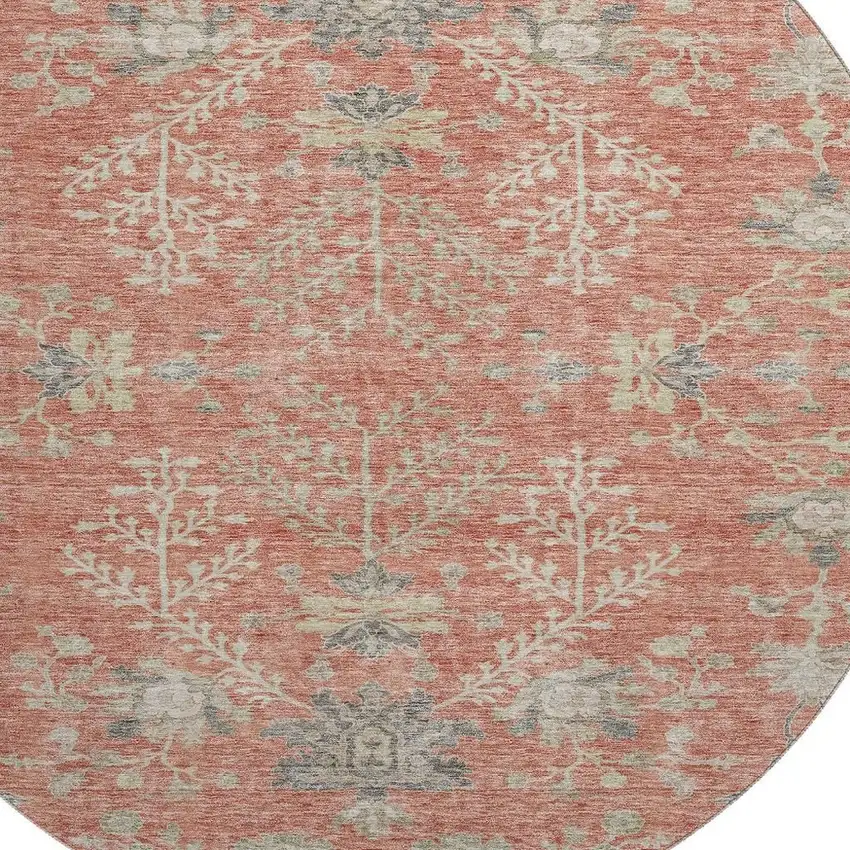8' Coral Beige And Taupe Floral Washable Round Rug With UV Protection Photo 2