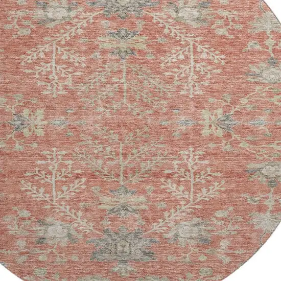8' Coral Beige And Taupe Floral Washable Round Rug With UV Protection Photo 2
