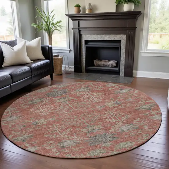 8' Coral Beige And Taupe Floral Washable Round Rug With UV Protection Photo 4