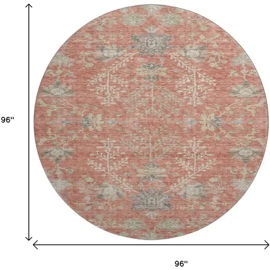 8' Coral Beige And Taupe Floral Washable Round Rug With UV Protection Photo 9