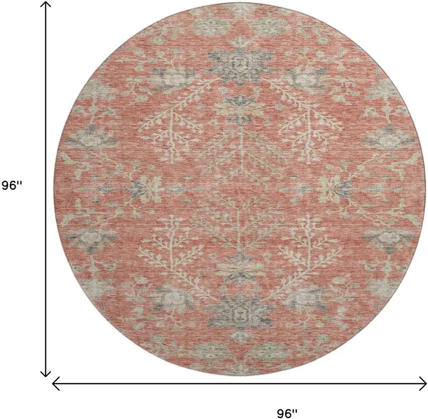 8' Coral Beige And Taupe Floral Washable Round Rug With UV Protection Photo 9