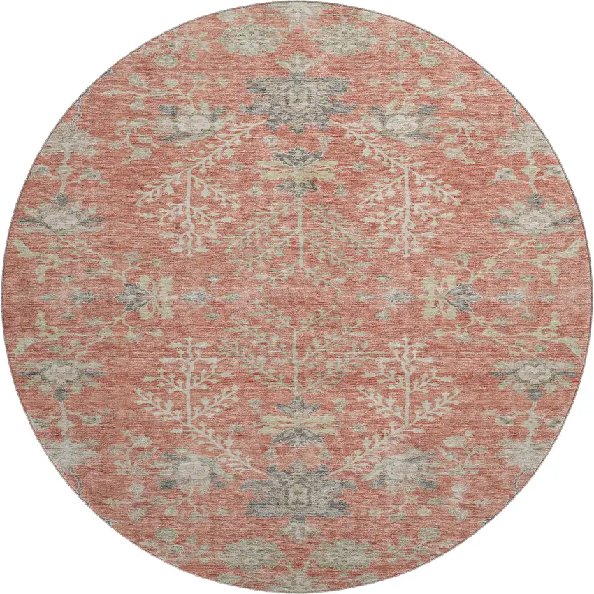 8' Coral Beige And Taupe Floral Washable Round Rug With UV Protection Photo 1