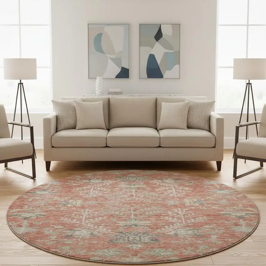 8' Coral Beige And Taupe Floral Washable Round Rug With UV Protection Photo 2