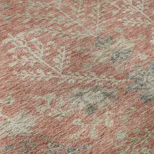 Photo of 8' Coral Beige And Taupe Floral Washable Round Rug With UV Protection