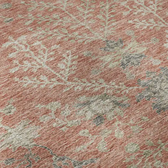 8' Coral Beige And Taupe Floral Washable Round Rug With UV Protection Photo 8