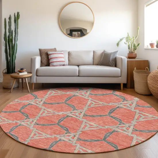 8' Coral Beige And Taupe Geometric Washable Round Rug With UV Protection Photo 4