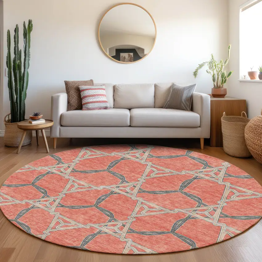 8' Coral Beige And Taupe Geometric Washable Round Rug With UV Protection Photo 4