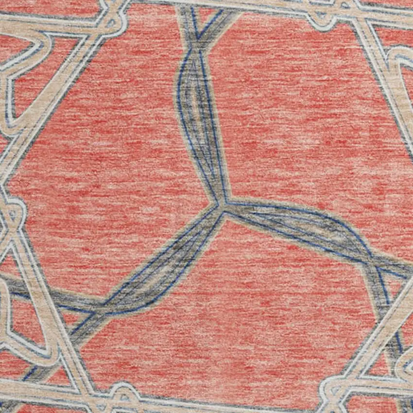 8' Coral Beige And Taupe Geometric Washable Round Rug With UV Protection Photo 3