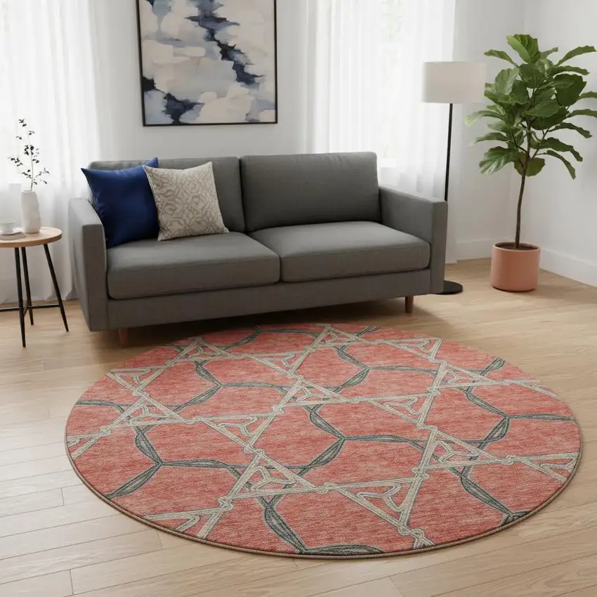 8' Coral Beige And Taupe Geometric Washable Round Rug With UV Protection Photo 2