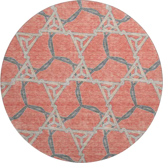8' Coral Beige And Taupe Geometric Washable Round Rug With UV Protection Photo 1