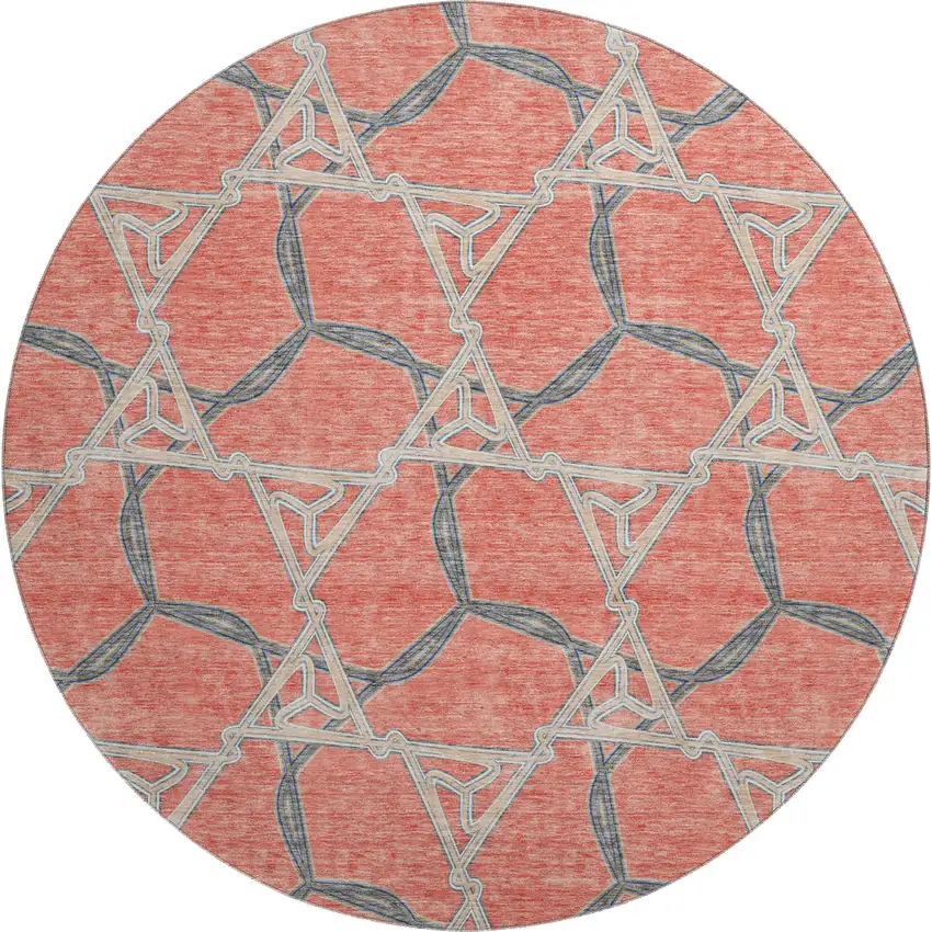8' Coral Beige And Taupe Geometric Washable Round Rug With UV Protection Photo 1