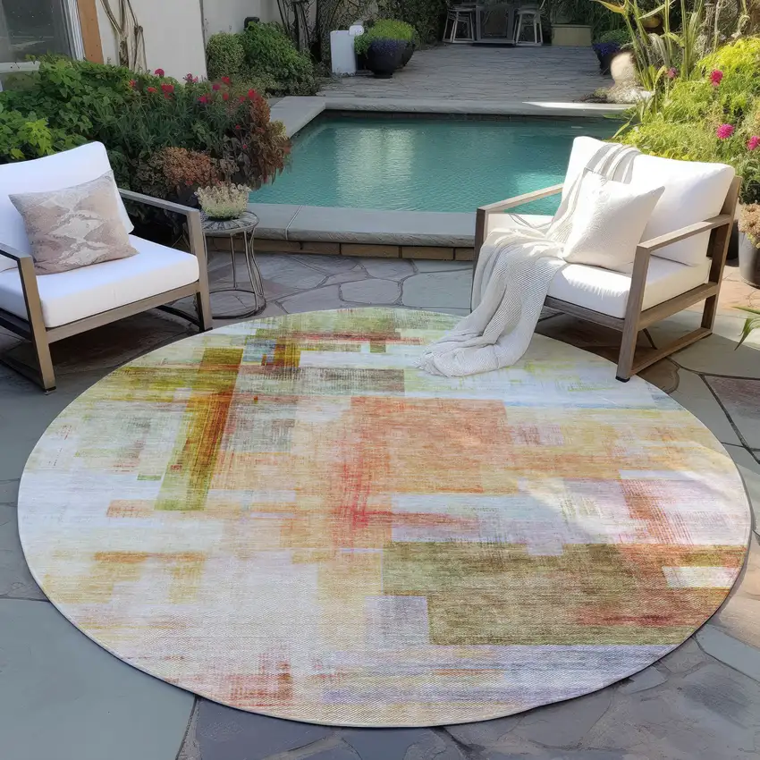 8' Coral Blue And Green Round Abstract Washable Indoor Outdoor Area Rug Photo 8