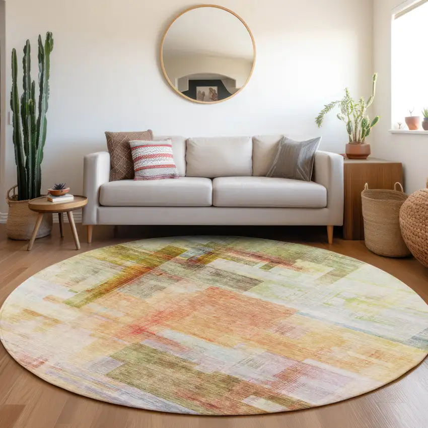 8' Coral Blue And Green Round Abstract Washable Indoor Outdoor Area Rug Photo 9