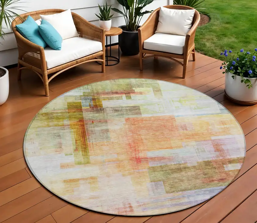 8' Coral Blue And Green Round Abstract Washable Indoor Outdoor Area Rug Photo 1