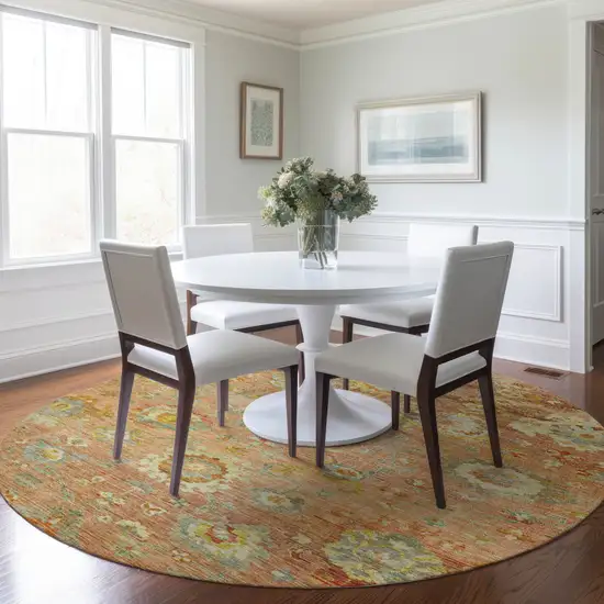 8' Coral Blue And Green Round Floral Washable Indoor Outdoor Area Rug Photo 8