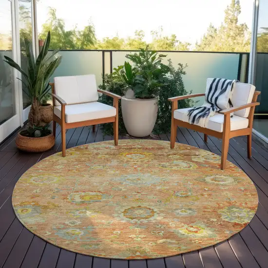 8' Coral Blue And Green Round Floral Washable Indoor Outdoor Area Rug Photo 7