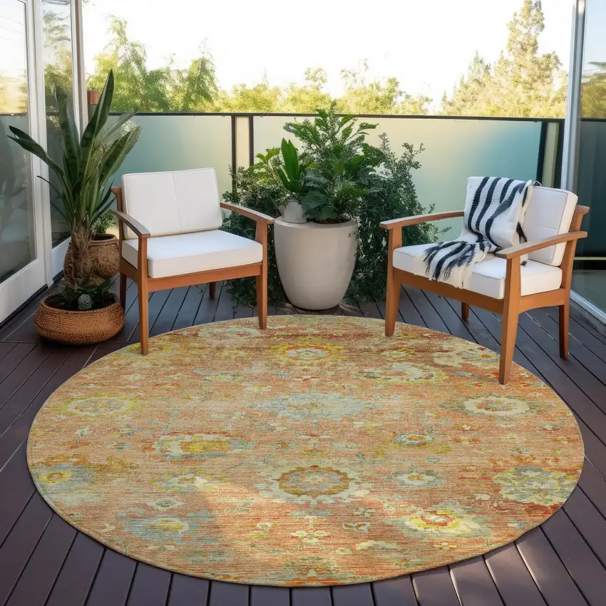 8' Coral Blue And Green Round Floral Washable Indoor Outdoor Area Rug Photo 7
