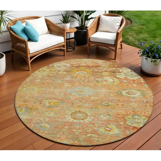 8' Coral Blue And Green Round Floral Washable Indoor Outdoor Area Rug Photo 1