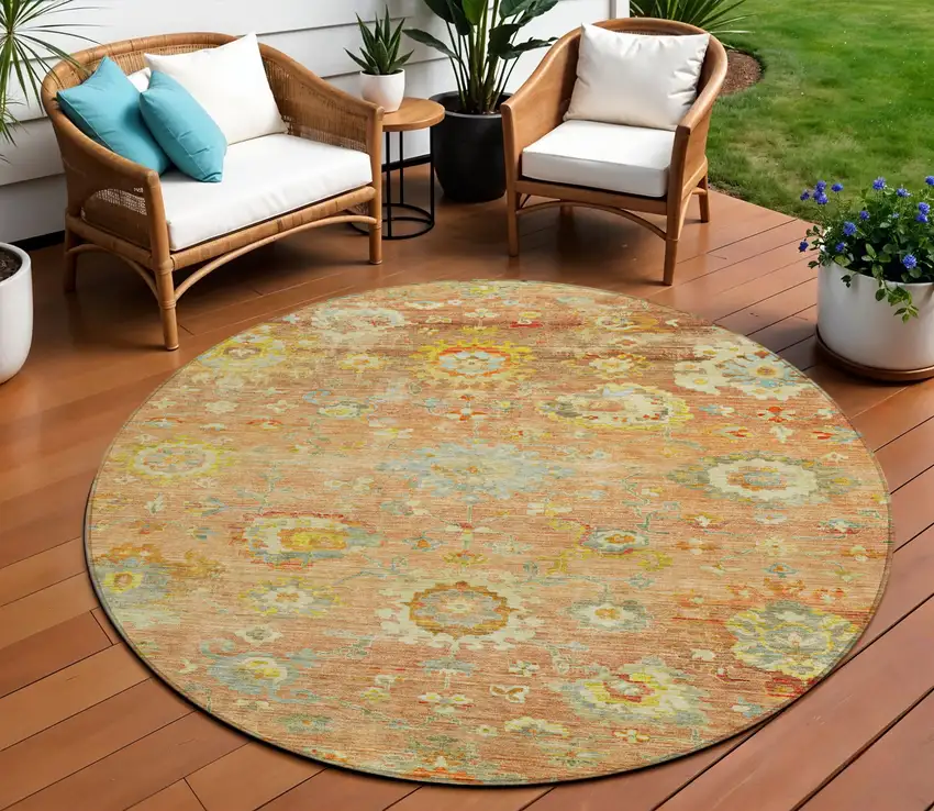 8' Coral Blue And Green Round Floral Washable Indoor Outdoor Area Rug Photo 1