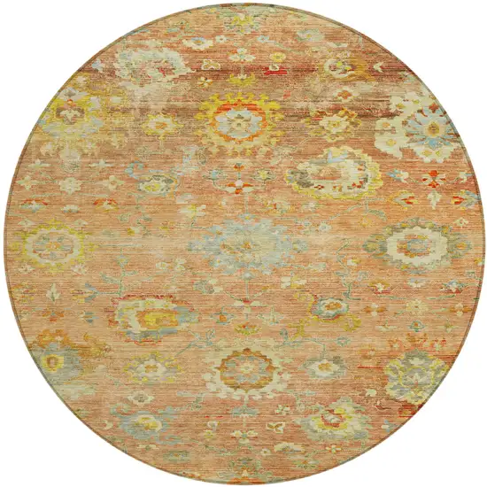 8' Coral Blue And Green Round Floral Washable Indoor Outdoor Area Rug Photo 2