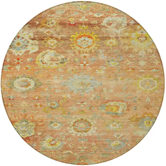 8' Coral Blue And Green Round Floral Washable Indoor Outdoor Area Rug Photo 6