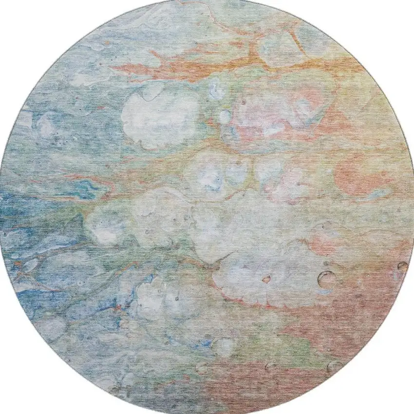 8' Coral Blue And Ivory Abstract Washable Round Rug With UV Protection Photo 1