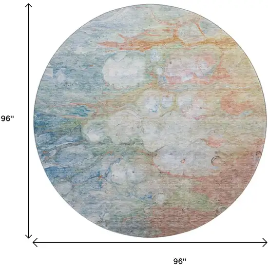 8' Coral Blue And Ivory Abstract Washable Round Rug With UV Protection Photo 4