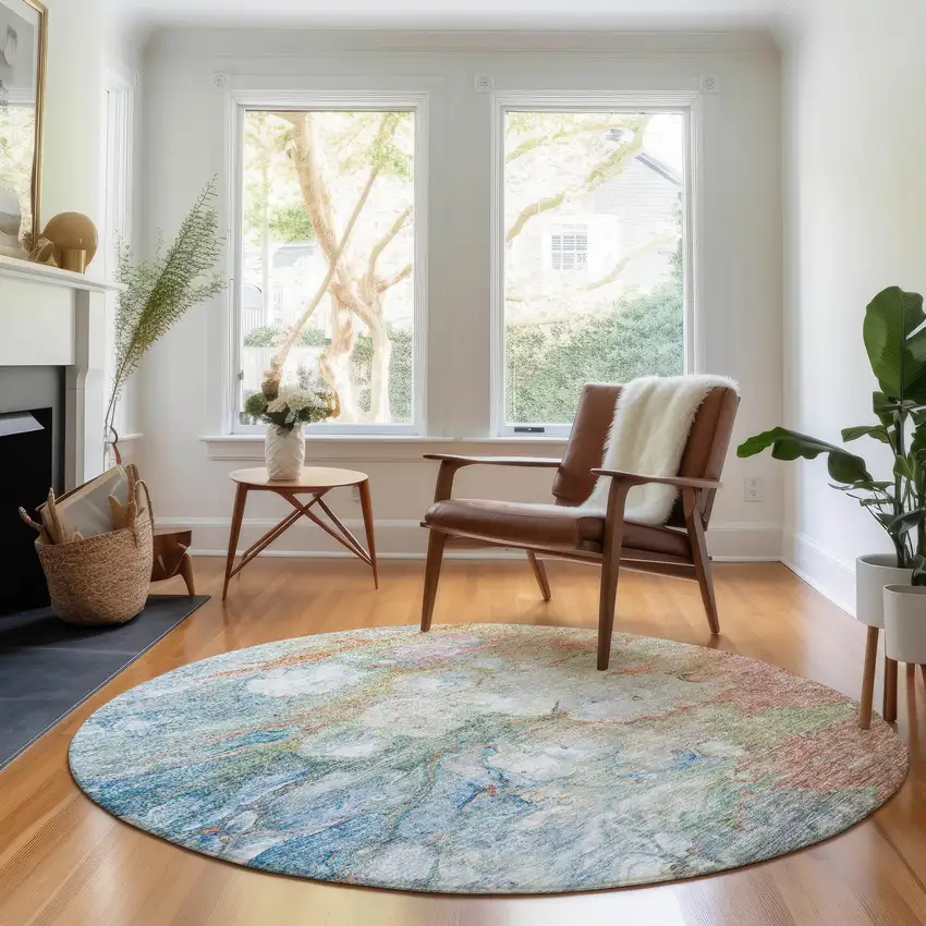 8' Coral Blue And Ivory Abstract Washable Round Rug With UV Protection Photo 3