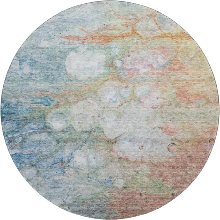 8' Coral Blue And Ivory Abstract Washable Round Rug With UV Protection Photo 5