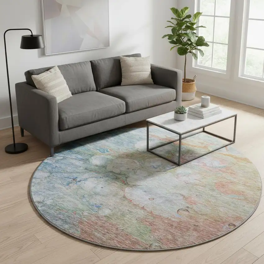 8' Coral Blue And Ivory Abstract Washable Round Rug With UV Protection Photo 2