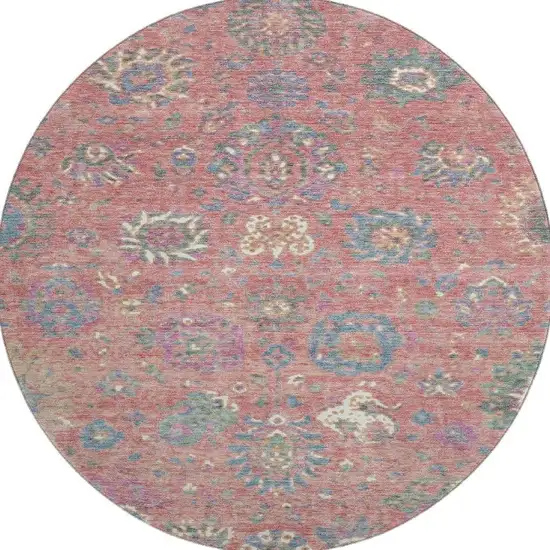 8' Coral Blue And Ivory Oriental Washable Round Rug With UV Protection Photo 4