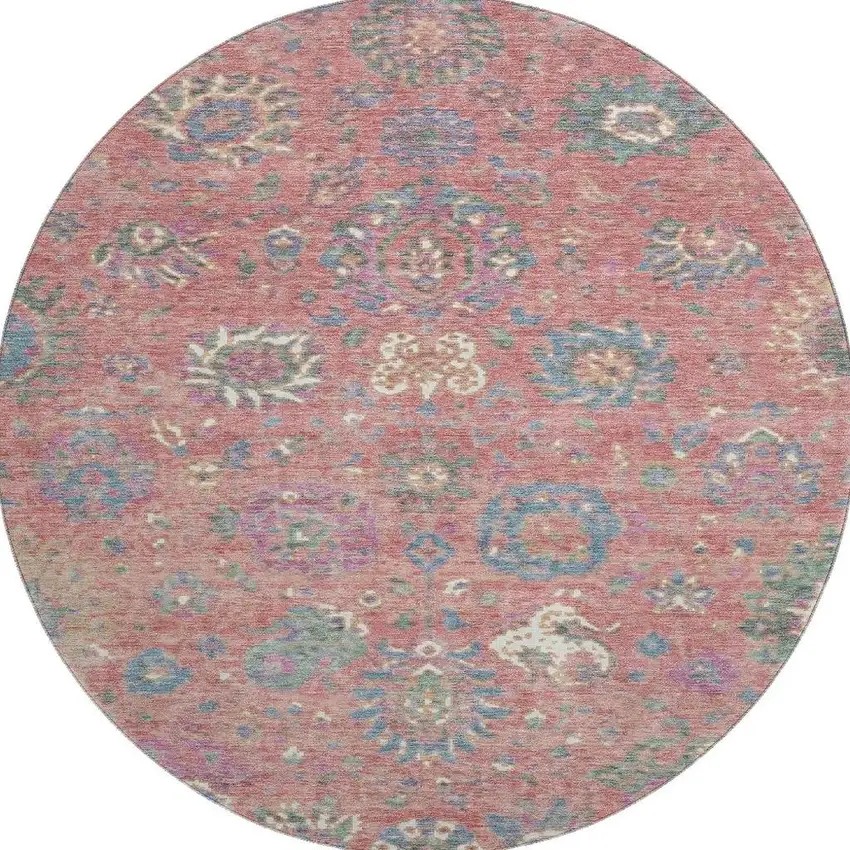 8' Coral Blue And Ivory Oriental Washable Round Rug With UV Protection Photo 4