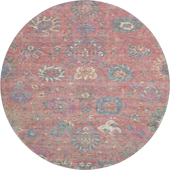 8' Coral Blue And Ivory Oriental Washable Round Rug With UV Protection Photo 3