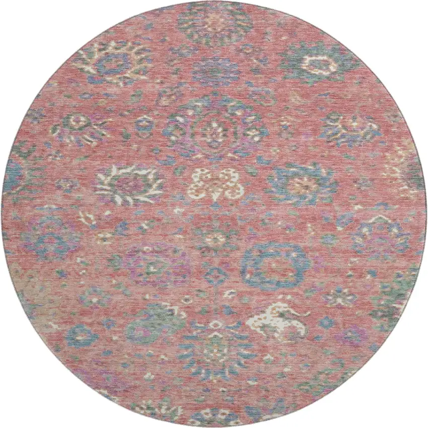 8' Coral Blue And Ivory Oriental Washable Round Rug With UV Protection Photo 3